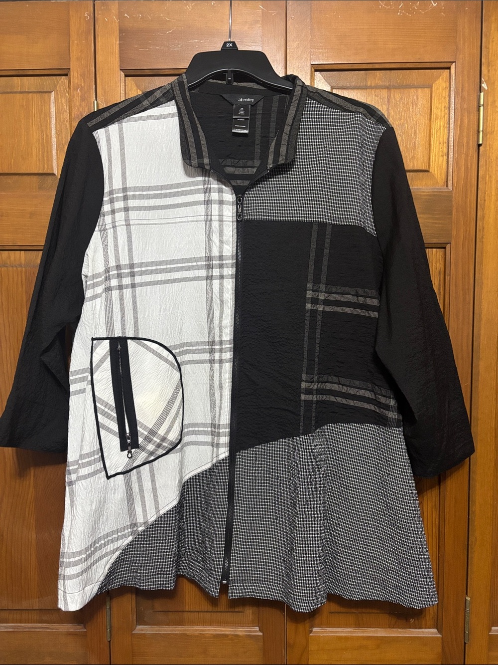 Ali Miles Black and White Patchwork Zip Jacket